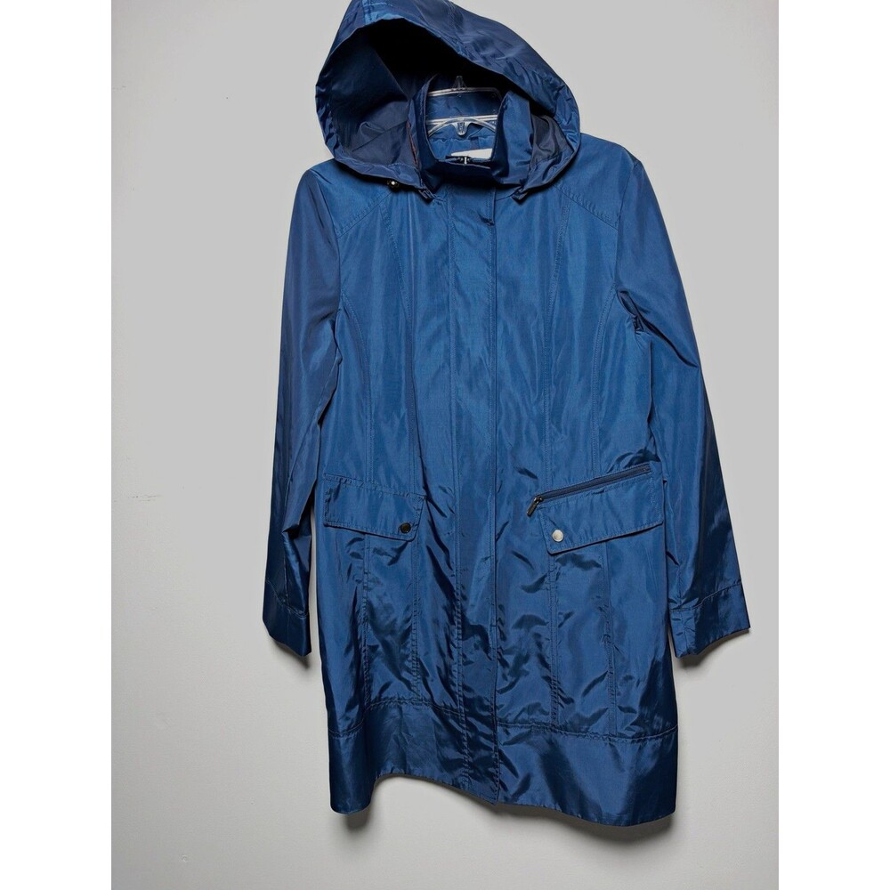 Cole Haan Signature Blue Packable Hooded Zip Rain Coat Women’s M Mid-Length